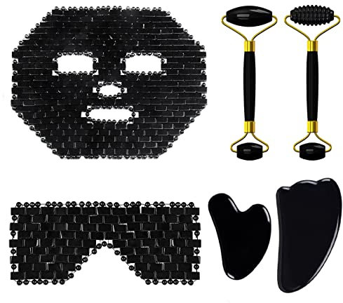 Natürliche Obsidian Gesichtsmaske Gesichtspflege Massage Roller Gua Sha Board Black Crystal Eye Relax Care Tools,6in1-Set