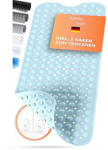LICHTENHEIM Duschmatte rutschfest Sensitiv 100x40 cm - INKL 2 Haken - Badewannenmatte rutschfest - Antirutschmatte Badewanne BPA frei - Badematte schimmelresistent & waschbar (Hellblau)