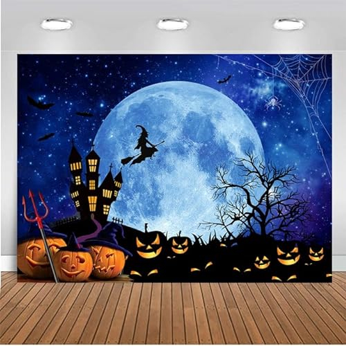 CHAIYA 7x5ft Happy Halloween Hintergrund Jack O'Lantern Kürbis Laterne Orange Nacht Mond Fledermaus Spinnennetz Friedhof Zaun Fotografie Hintergrund CY-276