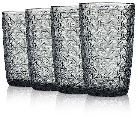 Joeyan 380ml Grau Wassergläser mit Geprägtem Design,Vintage Trinkgläser Longdrinkgläser,Bunt Wassergläser mit Geometrisches Textur,4er Set,Spülmaschinenfest