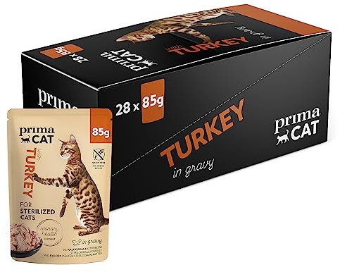 PrimaCat - Classic Complete Wet Cat Food, Turkey in Gravy Flavoured Cat Food, Sterilized, 28 pack of 85g