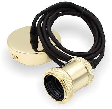 Pendelleuchte mit textilummanteltem Silikonkabel FLEX, Metall Baldachin und E27 Fassung & Schraubring | 2000mm (Gold)