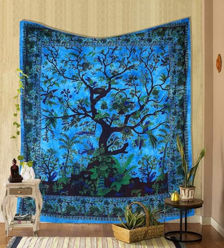 Wandteppich für Schlafzimmer – 76 x 102 cm, Baum des Lebens, Hippie-Wandbehang, Wandteppiche, blaue indische Baumwolle, Strandüberwurf, Hippie-Decke für Zuhause, Wohnzimmer, Dekoration