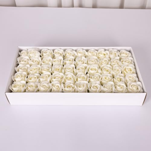 Wambere 1 Box mit 50 Stück Seifenrosen,Seifenblumenbox Rose Soap Blumen in GeschenkBox,Künstliche Rosenköpfe,Seifenblumen Badeseife Rosenblüte mit Sockel,für Jahrestag Geburtstag Valentinstag,Creme