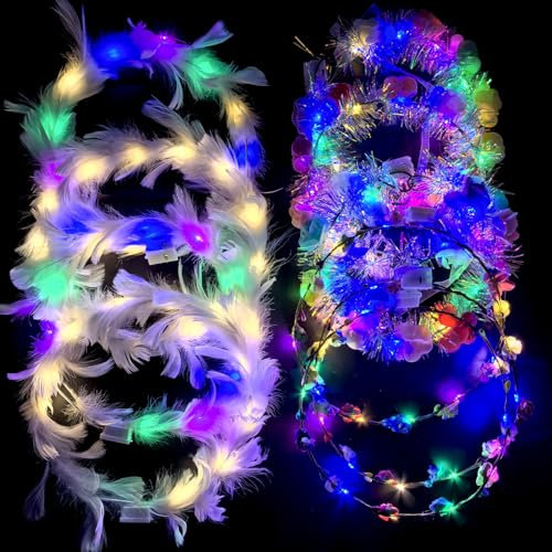 LED Blumenkranz Stirnband, 10PCS Garland Leucht Bunt Kopfbedeckung Floral Tiara Haarschmuck, Feder Stirnbänder, Blumen Haarband, Festival Geburtstag Weihnachten Party Hochzeit Dekor