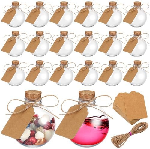 Maxcheck 20 Stück 240 ml Kunststoff-Trankflaschen mit Korken, kugelförmige runde Flaschen, Weihnachtskugelform, dekorative Flaschen, Süßigkeitenglas mit Schnur und Etiketten für Halloween, Weihnachten