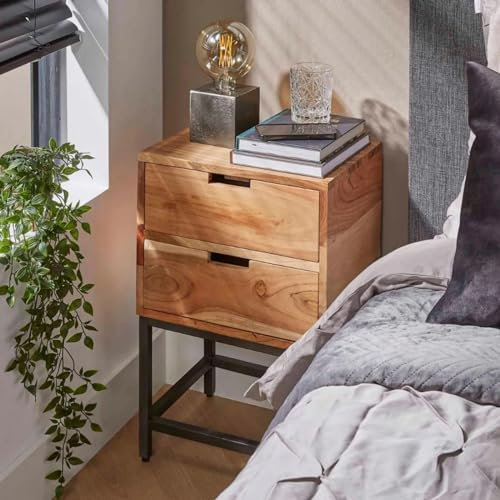 RINGO-Living Massivholz Nachttisch Mit Ablage & 2 Schubladen, Akazie Stauraum Industrial Style, Nachtschrank Used Look, Holz Metall Echtholz