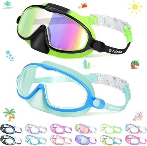 Vvinca 2 Pcs Kids-Swim-Goggles with Nose Cover, Swimming Diving Mask Wide View Anti Fog UV Anti Shattered Lens for Kids 3-5