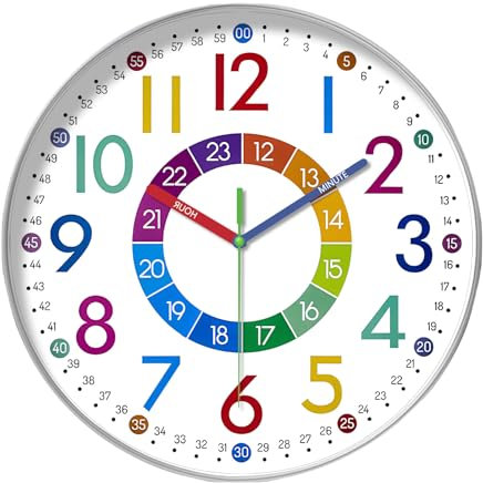 Horloge Murale pour Enfants: 30cm Horloge Enfant Apprentissage Chiffres Colorées avec Movement à Quartz Silencieux, Horloge Cuisine pour Salon Cuisine Bureau Chambre