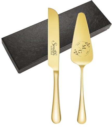 kodinsiivous Tortenheber inkl. Tortenmesser im Set,Personalisiertes Hochzeitstortenmesser- und Servierset mit Gravur,Tortenschneider und Tortenheber, perfekt für Hochzeit,Geburtstag,Party(Gold)