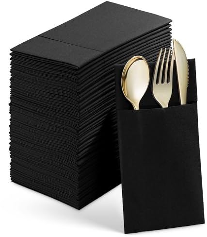 NONDK 50 Disposable Napkins with Built-in Cutlery Pocket, Prefolded Fabric Like Paper Napkins for Wedding Party, Black