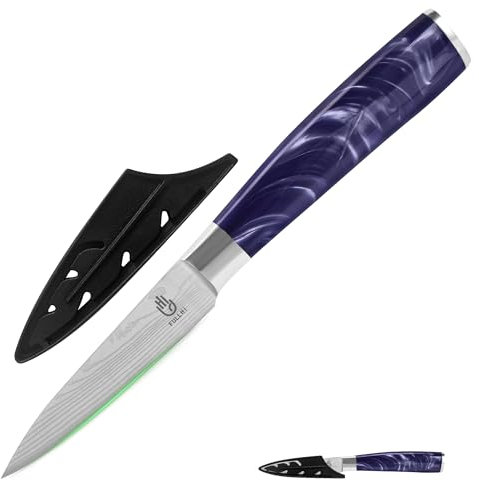 FULLHI Cuchillos de Cocina, Cuchillo Japonés Multicolor 3.5 pulgadas con Guarda, Cuchillo de Frutas Cuchillo de Cocina de Acero Inoxidable con Funda (Resina púrpura)
