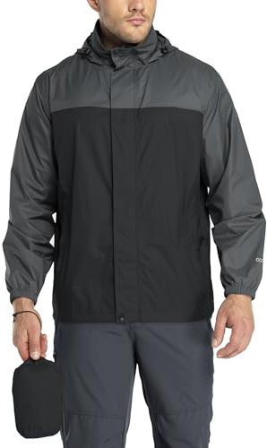 33,000ft Veste de pluie pour homme - Légère, imperméable - Pliable - Avec capuche - Coupe-vent - Pour le camping et l'extérieur, Noir/gris, 3XL