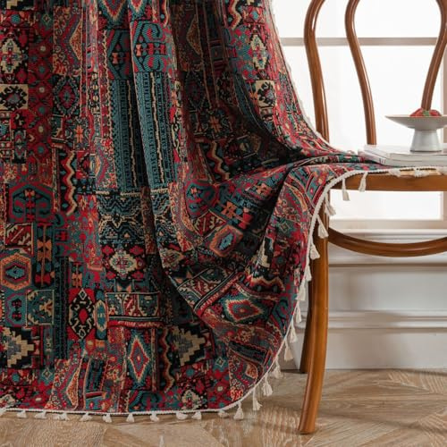 USTIDE Boho-Vorhänge im Ethno-Stil, Vintage, rustikal, schick, Shabby-geometrische Vorhänge, bunte Raumverdunkelung für Schlafzimmer, Wohnzimmer, Quasten, 150 x 180 cm