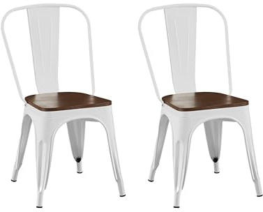 AC Pacific Stapelbare Esszimmerstühle aus Metall, 2er-Set, für den Innen- und Außenbereich, robuster Stapelsitz, Bauernhausküche, Bar, Terrasse, Bistro, Café, Industriestil, Hochglanzweiß/Holzsockel