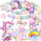 Globos De Cumpleaños Unicornios, Decoraciones Cumpleaños Unicornio Macarrones Pastel con Unicornio Gigante 3D, Pancarta Feliz Cumpleaños y Adorno Pastel Unicornio para Fiesta Cumpleaños Niñas Pequeñas