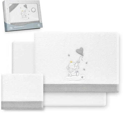Interbaby Bettwäsche-Set für Kinderbett, 60 x 120 cm, 100% Polyester, warm, inklusive Spannbettlaken, Bettbezug und Kissenbezug, ideal für den Winter, Elefantenballon Herz, Weiß/Grau