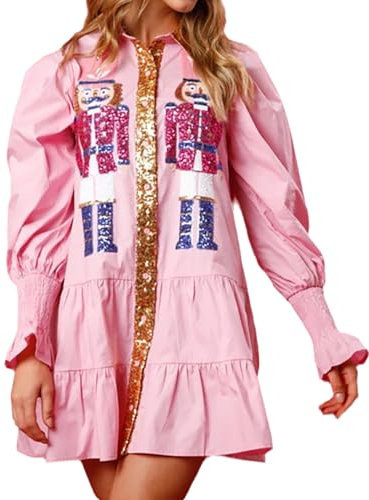 TACSTRUN Damen Pailletten Weihnachten Nussknacker Kleid Sparkly Lange Rüschenärmel Button Down Revers Neck Mini Shirt Kleider, Pink, Groß