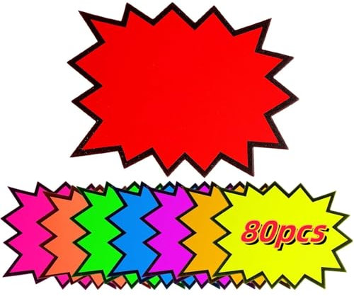 joonnair 80Stück Preisschilder Flohmarkt Fluoreszierende Preisschilder 18x14cm Blanko Starburst Burst Preis Zschilder Neon Preisschilder für Supermärkten Geschäft Ladengeschäft