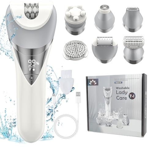 Qreeyx Epilator for Women, 7 in 1 Epilator Hair Removal for Women, Shaver, Bikini, Face Razor, Facial Brush, Face Massage and Body Exfoliator, IPX7 Waterproof Painless Lady Shaver Wet & Dry, 2 Speeds