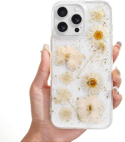 rongki Floral Case for iPhone 14 Pro Max Clear Case with Real Dried Flower Patterns, Glitter Cute Flowers Design for Women Girls Slim Soft Edge Shockproof Phone Cover for iPhone 14 Pro Max (Daisy)