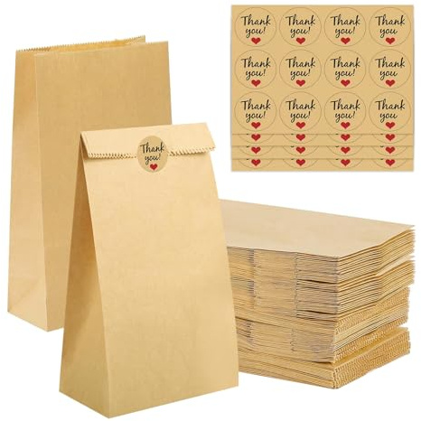 60 Stück Papiertüten Klein Braun, 9x5.5x18cm Kraftpapier Geschenktüten | Ölbeständig Butterbrottüten Süßigkeitentüten, Samentütchen Mitgebsel Geburtstag, mit Aufkleber Set