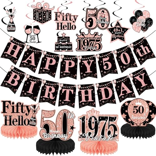 50th Birthday Decoration Banner Centerpieces - 15 Pcs Rose Gold Banners Hanging Swirls Honeycomb Centerpieces For Women Retro Happy 50th Party Anniversary Fifty Years Old Decoration Supplies