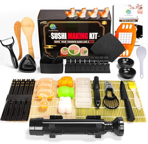 FUNGYAND Sushi Making Kit, 32-in-1 Complete Sushi Set | with Bazooka Roller, Nigiri & Musubi Presses, Bamboo Mats, Knife, Peeler, Cutting Mold, Chopsticks & More