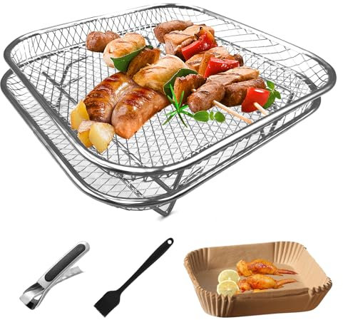 2PCS Rejilla Air Fryer Accesorios Cuadrada 21x21cm, 50PCS Papel Air Fryer Cuadrado, con Pincel Silicona Cocina y Pinzas, Accesorios Freidora de Aire Inoxidable Compatible con Cosori [5,5L, 6L, 6,4L]