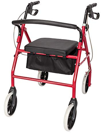 HOBBYZOO 4 Wheel Walker with Padded Seat and Back, Foldable Rollator | Height-Adjustable Iron and Nylon Walker for Seniors and Disabled Users, with Hand Brakes and Storage Bag, Red and Black