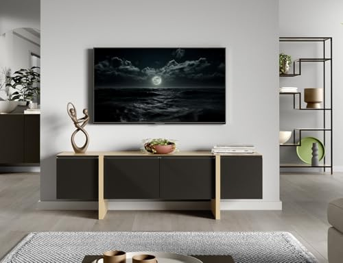 Impact Furniture Modern TV Stand Cabinet, 160 cm Entertainment Unit with Storage Oak and Black with 4 Handleless Doors