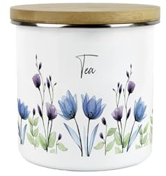 Purely Home Blooming Lovely Floral Tea Storage Canister - Purple Flowers Patterned Kitchen Gifts - Medium Metal Enamel Container 600ml
