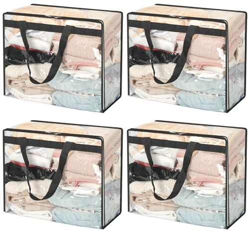 KOMABLEN 4 Stück Transparente Plastik Aufbewahrungstasche, 40L Aufbewahrungsbox mit Reißverschlüssen Griff, Taschen Aufbewahrung Umzugstaschen Storage Bag Umzug für bettdecken, Kleidung, Bettwäsche