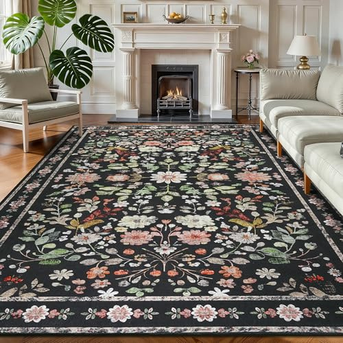 Homcomodar Teppich Wohnzimmer 160x230cm Weich Waschbarer Teppiche Schlafzimmer rutschfest Vintage Teppich Kurzflor Schwarz Boho Blumen Teppiche für Kinderzimmer Wohnzimmer Esszimmer Büro