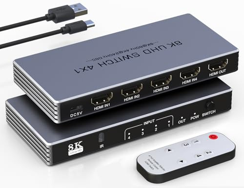 HDMI Splitter 4 in 1 Out - New Upgrade 4K@240Hz 8K@60Hz HDMI Switch with Remote Support 3D/HDR/HDCP2.3, Compatible with Nintendo Switch PS5/4/3 Xbox Roku Apple TV Fire Stick 8k HDMI2.1 Splitter