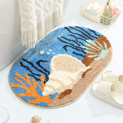 Loismood Süße Ozean-Badematte Super saugfähig rutschfest Moderne Badezimmermatte Maschinenwaschbar Flauschiger Teppich für Badewanne, Dusche und Schlafzimmer (Muschel, 80 cm x 50 cm)