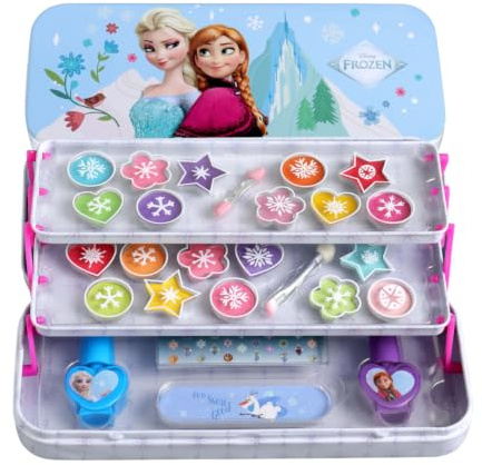 Disney Frozen 3-stufige Beauty Dose für Kinder – Schminkset mit Anna & Elsa | Mit Nagellack, Lidschatten, Lipgloss & Stickern – Schminkdose mit Elsa, Anna & Olaf