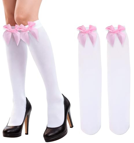 XIABYAYU Overknees Strümpfe Damen, 2 Paar Overknees Strümpfe Mit Schleife Damen, Lange Schleifenstrümpfe, KniestrüMpfe Karneval Geeignet Für Karneval, Valentinstag, Halloween, Weihnachten
