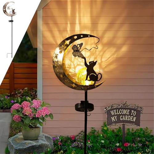 YeahBoom Mond Solarleuchten Garten Deko,Garten mit Katze,Leuchten Balkon | Mond Solarleuchten Garte im Freien Solarlampe,Wasserdichte Solarleuchte,Freien Solarlampe für draußen Terrasse Hof Rasen