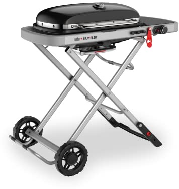 Weber Traveler Portable Gas Grill | Foldable Design with Wheels, Automatic Lid Lock, Built-In Lid Thermometer, Single Burner, 63 x 34 cm Cooking Area
