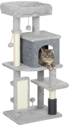 PawHut Kratzbaum mit Katzenhöhle, Bett für Katzen bis 5 kg 104 cm Hellgrau | Mehrstöckiger Katzenbaum, Sisal-Kratzsäulen, Kratzbrett, Plüschbälle, Katzenkratzbaum, Katzenmöbel