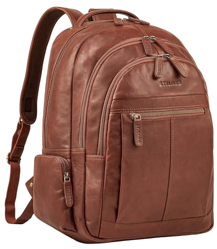 STILORD Alaric XL Business Rucksack Herren Leder Laptoprucksack 17 Zoll viele Fächer für DIN A4 Ordner Lederrucksack großer Arbeitsrucksack Männer mit Trolley-Halterung Farbe:maraska - braun