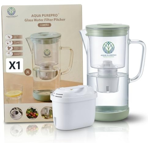 Aqua PurePro Lumera Glass Water Filter Pitcher 3L – Inc 1 X AQUAPRO+ high performance Catridges – Premium BPA-Free Carafe – Reduces Chlorine, Odours & Impurities – Ideal for home Tap Water