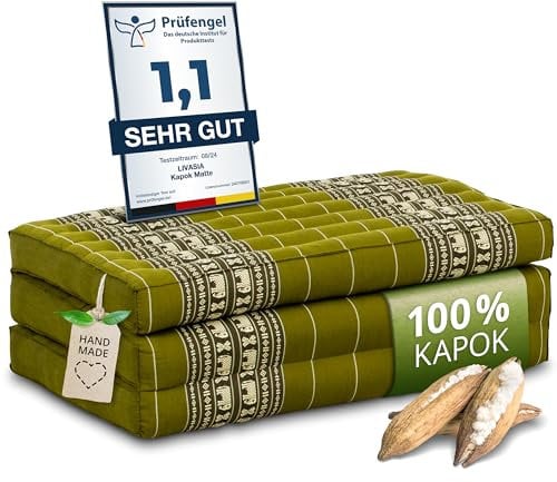 livasia Nachhaltige Kindermatratze aus Kapok - 140x70x8cm - Klappmatratze, Reisebett Kinderbett faltbar, ökologische Yogamatte klappbar, Spielmatte, Liege für Garten und Balkon (Grün/Elefanten)