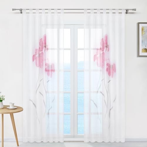 ESLIR Gardinen Vorhänge Gardinenschals Transparent Schlaufenschal mit Blumen Druck Rosa BxH 150x245cm 1 Stück