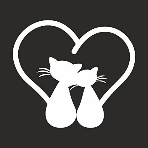Adesivo Gatto Gattini Affiancati con Cuore, Sticker Cat per Porte, finestre, Mobili, Pareti, Muro, Auto, Moto, Camper, Tuning 15x15 cm Bianco
