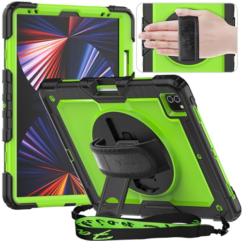 Timecity Hülle für iPad Pro 6./5./4./3. Generation 12,9 Zoll 2022/2021/2020/2018 Stoßfeste Schutzhülle mit Displayschutz Handschlaufe Schultergurt 360°-Drehbarer-Ständer Stifthalter-Gelbgrün