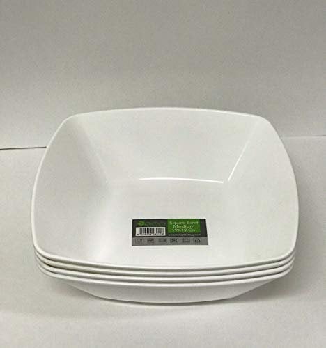 ECO Durable Medium Plastic Square Bowls Set of 4 | 19cm x 19cm – Cereal Bowl for Kids | Reusable Square Bowls for Parties | BPA-Free Stackable Plastic Serving Bowls (White, Medium 19x19cm)