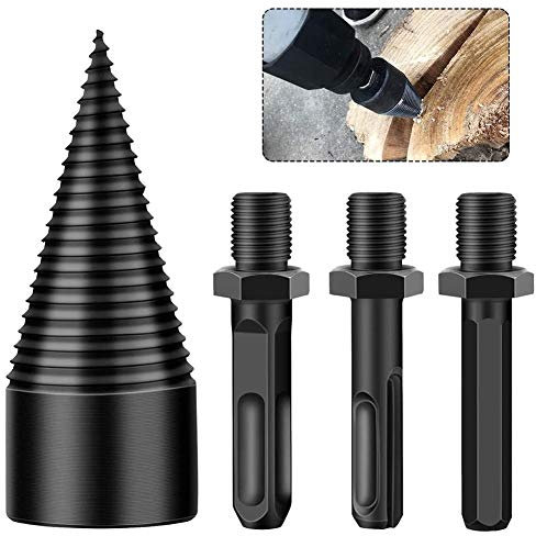 Punta Spaccalegna 42 mm con 3 manici per trapano (Quadrato / Rotondo / Esagonale), Trapano per Legna da Ardere Set da 4 Pezzi per Legno di Diametro Inferiore (42mm)