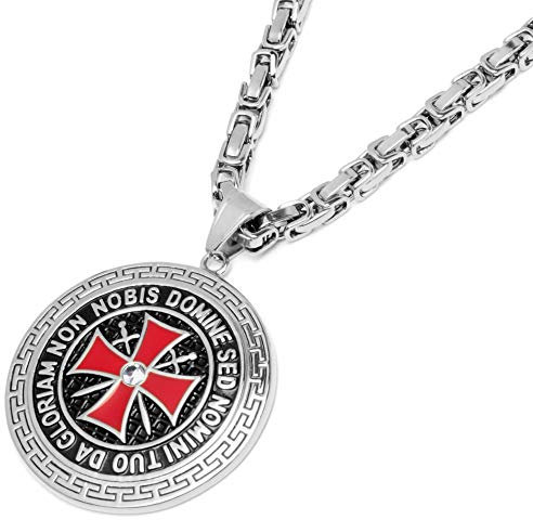 Schmuck-Checker Großes Templer-Medaillon aus 316L Edelstahl silber rotes Tatzenkreuz mit Königskette Kreuzfahrer Kreuzritter Anhänger Geheimbund Männer Geschenk